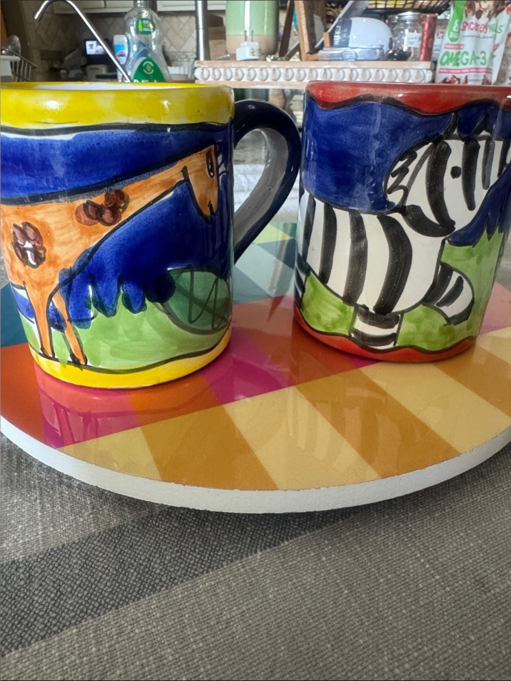 Vintage Hand-Painted Colorful Animal Ceramic Mugs - Set of 2